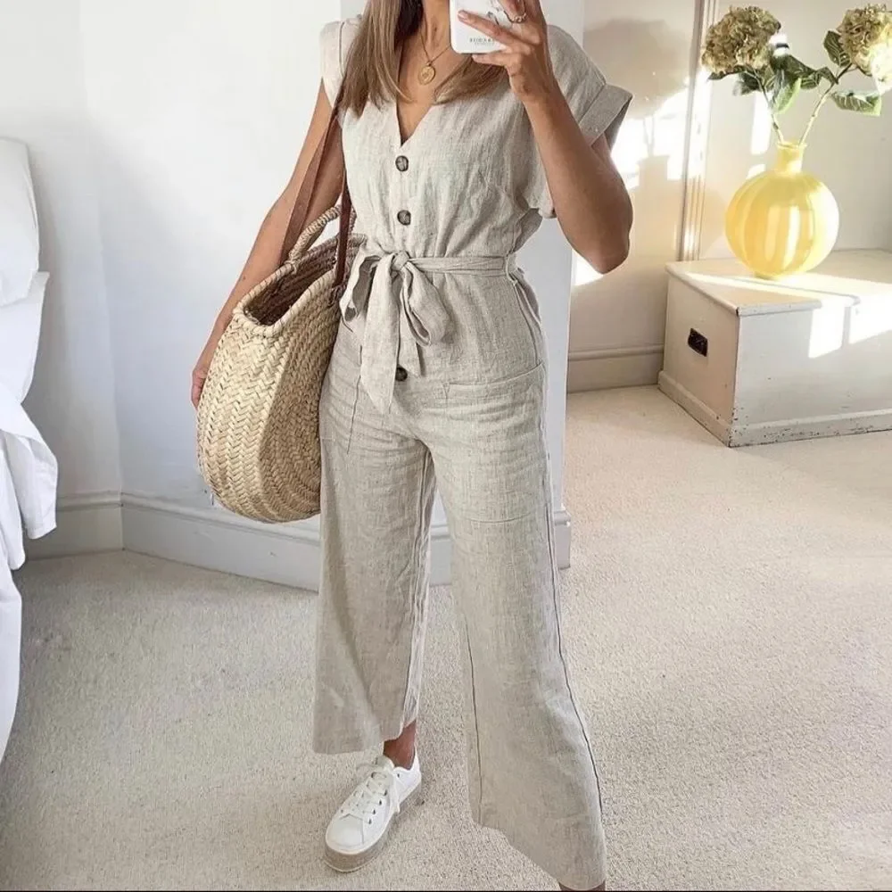 H&M Linen Viscose Blend Jumpsuit Overalls Beige
